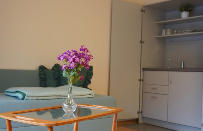 Tisch mit Blumen vor einem Sofa sowie eine Kitchenette