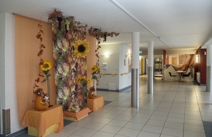 Dekoration im Haus mit Kürbissen und Sonnenblumen